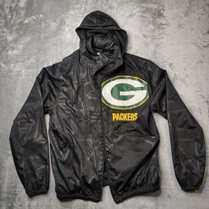 Green Bay Packers NFL Windbreaker Men Medium Black Logo Nylon Lined Track Jacket
